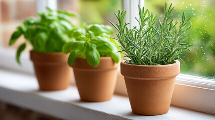 Fresh basil and rosemary herbs for cooking and dining ambiance
