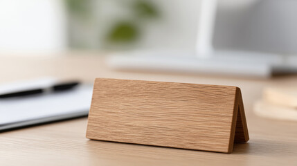 Professional wooden desk nameplate on office desk for business setup and organization