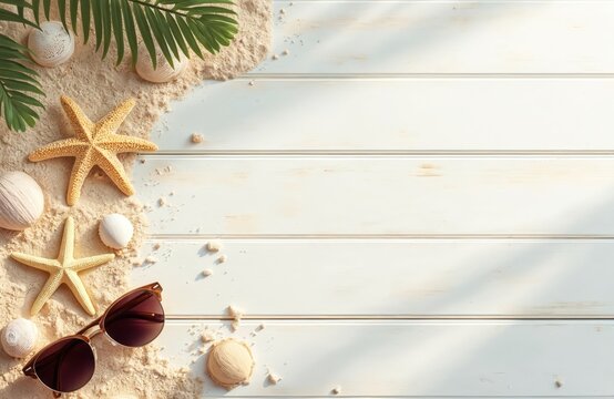 Summer beach backdrop with copy space. Starfish shells sand and sun glasses on white wooden table. Green palm leaf adds tropic vibe. Sun sea vacation concept for holiday travel banner design.