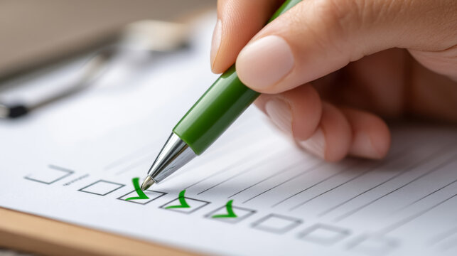 Completing tasks with precision: green pen marking checkbox on professional spreadsheet