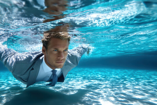 Businessman swimming underwater in a suit during a bright sunny day - Powered by Adobe