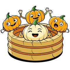 Pumpkin-shaped dumplings dancing in a spooky bamboo