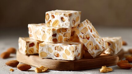 Stack of Nutty Nougat on Wooden Board nuts almonds