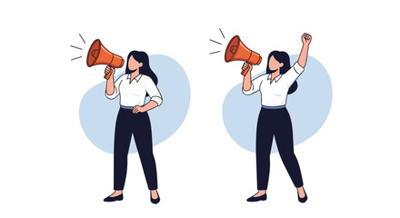 Two women with megaphones, one with a fist raised in protest or celebration.