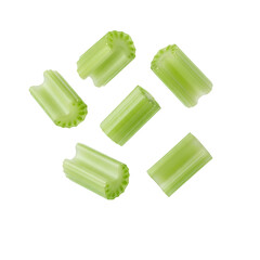 Fresh Celery Bunch PNG. Whole green celery vegetable stalks with leaves flying PNG. Organic raw healthy food for diet and detox juice. Crunchy salad ingredient cutout isolated
