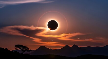 Fototapeta premium Solar eclipse over mountains silhouette at sunset.
