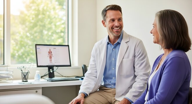 Smiling doctor and patient discussing health in modern medical office.