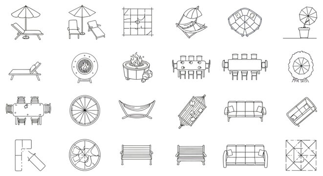 line art icons of outdoor furniture sun loungers hammocks dining sets fire pits benches for backyard and patio design.