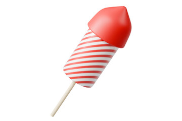 3d red striped rocket firework icon. celebration party concept. minimal cartoon firecracker rocket for holiday banner. isolated on white background. 3d render.
