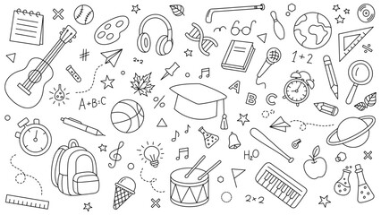 School and Education Doodle Pattern – Hand-Drawn Line Art Icons of Learning, Music, Sports, Science, Mathematics, Art Tools, and Classroom Elements in a Fun Outline Style