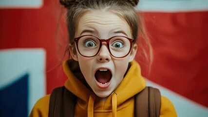 A young girl with glasses and backpack looking surprised, possibly in an unexpected situation