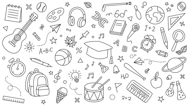 School and Education Doodle Pattern &ndash; Hand-Drawn Line Art Icons of Learning, Music, Sports, Science, Mathematics, Art Tools, and Classroom Elements in a Fun Outline Style