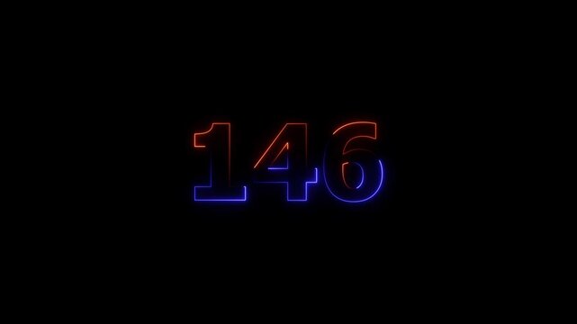 Neon glowing text 146 number icon on a black background animation.  glowing green and purple neon 146 number. 4k video.
