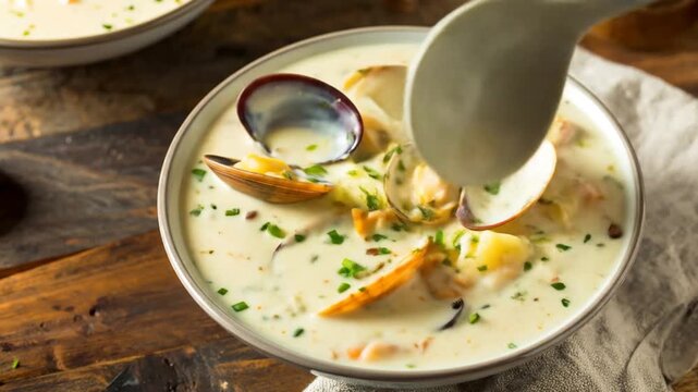 A creamy, thick chowder with clams and vegetables served in a bowl. A spoon is taking a serving