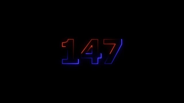 Neon glowing text 147 number icon on a black background animation.  glowing green and purple neon 147 number. 4k video.
