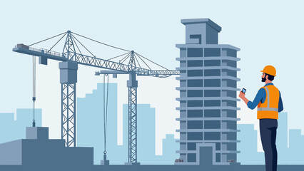 Civil Engineer Inspecting High-Rise Building Structure – Professional Vector Illustration