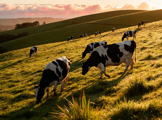Peaceful landscape of dairy cows grazing in a vast green pasture at golden hour