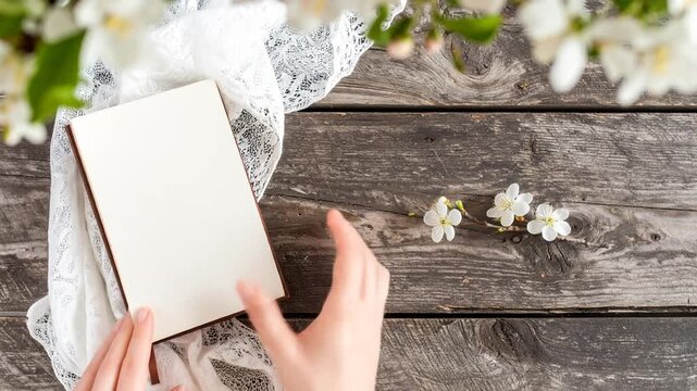 Hands holding an open notebook on a rustic wooden surface with lace and white flowers