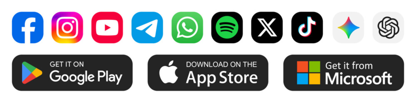 Popular social media logo icons with Google Play, App Store and Microsoft Store download App buttons