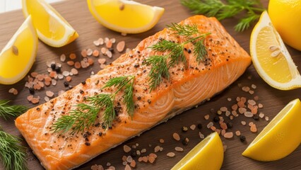 Fresh grilled salmon with lemon and dill on a wooden board