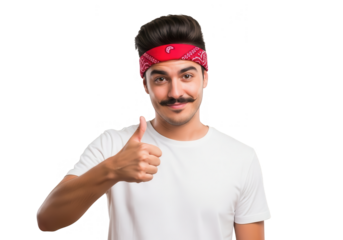 Man with mustache and red bandana giving thumbs up.