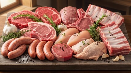 Assorted raw meats on wooden cutting board with herbs and garlic
