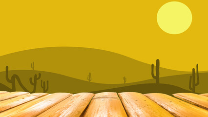 Full moon with wooden table for product display against desert mountain backdrop and cactus.