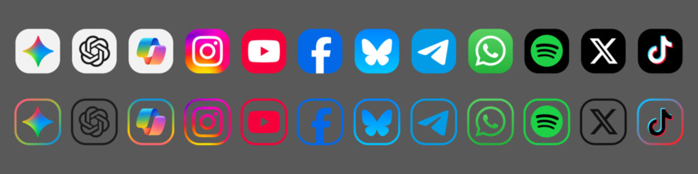 Social media icon set. Popular social network logos facebook, instagram, tiktok, telegram, x, youtube, whatsapp, spotify. Artificial Intelligence ai apps: chatgpt, microsoft copilot, google gemini