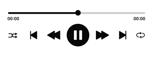 Audio or video player progress loading bar with time slider, play, rewind buttons. Simple template of media device playback panel interface. Minimalist web display. White light theme