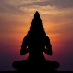 Silhouette of Lord Shiva with sunset background
