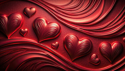 Red metallic foil texture with embossed abstract hearts, luxury shine effect, romantic and elegant background, swirling patterns, passionate mood, perfect for celebration or love themes