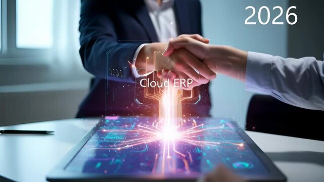 Business professionals shaking hands, symbolizing a strategic partnership for digital transformation and advanced cloud enterprise resource planning integration displayed on a futuristic interface