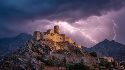 Obraz premium Dark clouds fill the sky above a castle on a rocky hill as lightning strikes in the distance. The scene captures the intensity of a storm in a mountainous location
