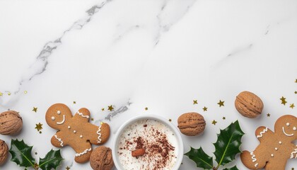 Fototapeta premium Festive flat-lay with gingerbread latte, cookies, holly leaves, walnuts, and gold confetti on a bright surface, creating a cheerful Christmas mood.