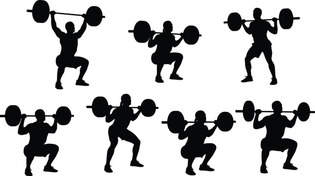Vector Silhouette Set of People Exercising in a Gym, Performing Workouts, Strength Training, and Cardio for Fitness and Health Illustration.
