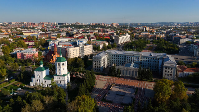 drone view of the center of Irkutsk