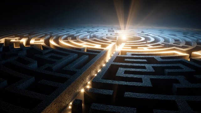 Exploring a complex maze illuminated by a bright light guiding the way to the center at twilight
