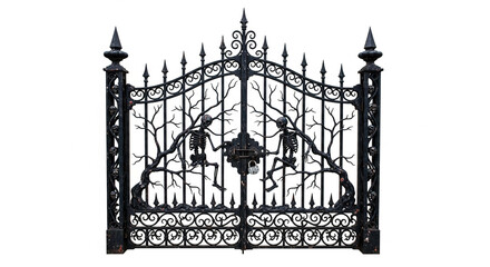 Fototapeta premium An ornate iron gate with skeletal figures entwined in arboreal designs, representing mortality and passage into the afterlife or graveyard concept