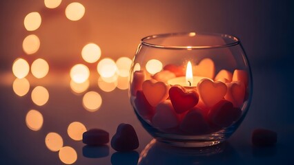 Warm glowing candlelight inside a glass holder with blurred bokeh lights in background