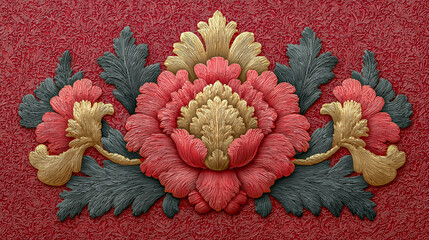 Ornate Floral Wall Art with Intricate Red and Gold Design on Tex