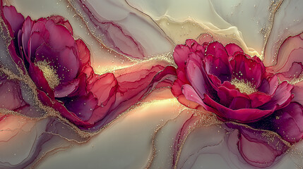 Elegant Abstract Floral Art with Vibrant Red Petals and Golden H