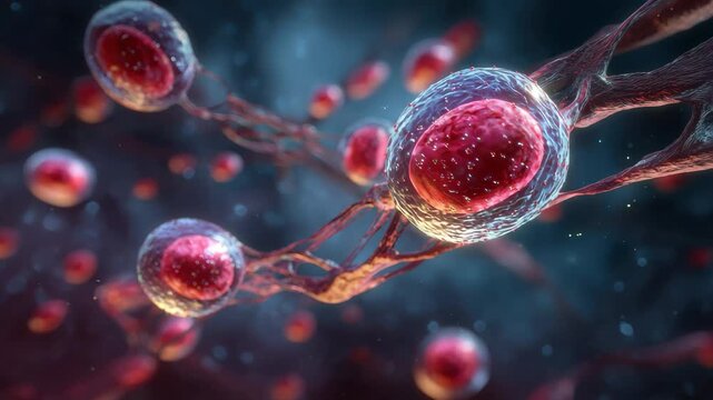 Detailed view of red blood cells flowing through blood vessels, showcasing the complex structure and movement in a human body