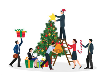 Festive office celebration with employees decorating a Christmas tree, exchanging gifts, snowflakes and enjoying a joyful holiday party atmosphere. Ideal for corporate holiday themes and designs.