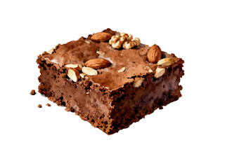 Decadent Brownie Delight: A close-up view of a rich, fudgy brownie, generously topped with almonds and walnuts. It's a sweet, comforting treat for any occasion.
