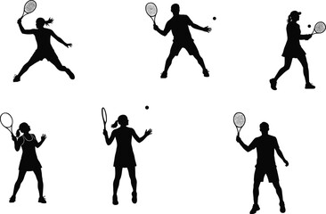 Vector Silhouette Set of Tennis Players in Action Poses, Serving and Hitting Forehand for Sports and Fitness Design.