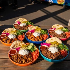 Vibrant halal cart style feast with turmeric rice, pickles, and garlic sauce.