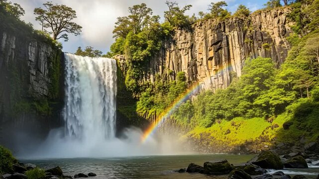 Majestic waterfall cascading into a pool with rainbow and lush green surroundings