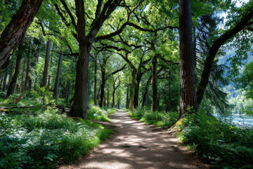 Obraz premium Sunlit Path through Lush Green Forest by River