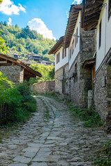 A narrow stone street between old, historic houses in the village of Kovachevitsa in the Rhodope Mountains, Bulgaria