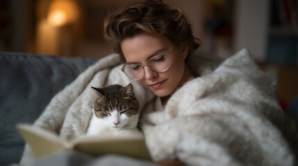 A couple enjoying a quiet morning reading on the couch under a cozy blanket, a sleepy cat curled between them &mdash; wholesome slow-living atmosphere and emotional serenity. cinematic color correction,